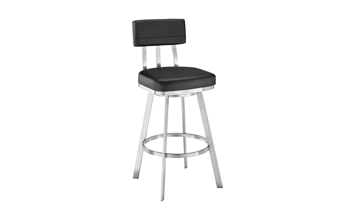 LCBEBABSBLK30  BENJAMIN SWIVEL BAR STOOL IN BRUSHED STAINLESS STEEL WITH BLACK FAUX LEATHER