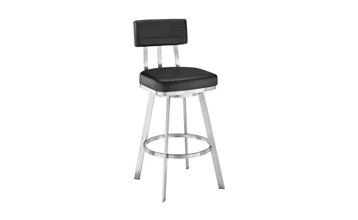 LCBEBABSBLK30 BENJAMIN SWIVEL BAR STOOL IN BRUSHED STAINLESS STEEL WITH BLACK FAUX LEATHER ARMEN LIVING  LCBEBABSBLK30