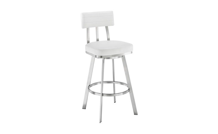LCBEBABSWHI30 BENJAMIN SWIVEL BAR STOOL IN BRUSHED STAINLESS STEEL WITH WHITE FAUX LEATHER ARMEN LIVING  LCBEBABSWHI30
