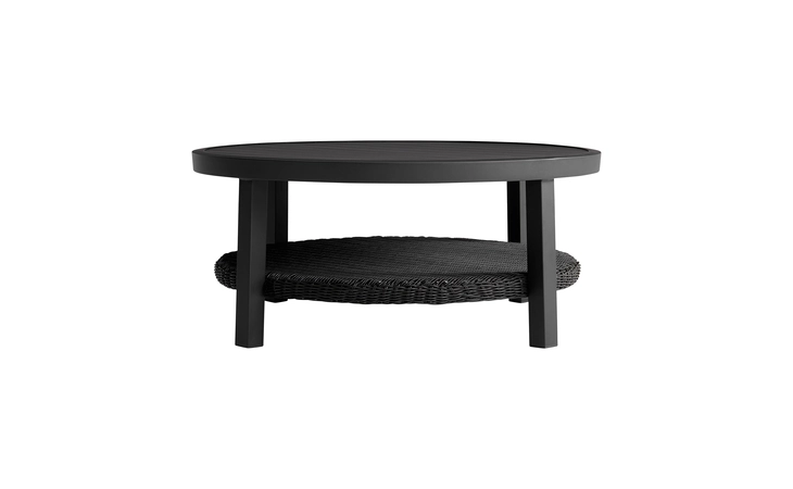 LCODCMCOBL  CAYMAN BLACK ALUMINUM OUTDOOR ROUND CONVERSATION TABLE WITH WICKER SHELF