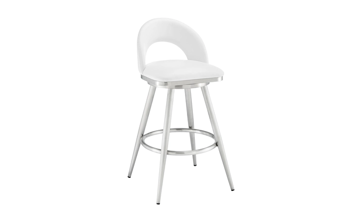 LCCHBABSWHI30  CHARLOTTE SWIVEL BAR STOOL IN BRUSHED STAINLESS STEEL WITH WHITE FAUX LEATHER