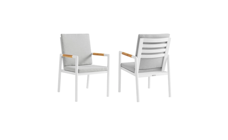 LCCRCHWH  CROWN WHITE ALUMINUM AND TEAK OUTDOOR DINING CHAIR WITH LIGHT GRAY FABRIC - SET OF 2