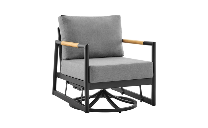 LCCRSCHBLKDGRY  CROWN OUTDOOR PATIO SWIVEL GLIDER LOUNGE CHAIR IN BLACK ALUMINUM AND TEAK WOOD WITH CUSHIONS