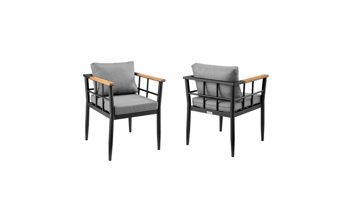 LCEZCHBL  EZRA OUTDOOR PATIO DINING CHAIR IN ALUMINUM AND TEAK WITH GRAY CUSHIONS  SET OF 2
