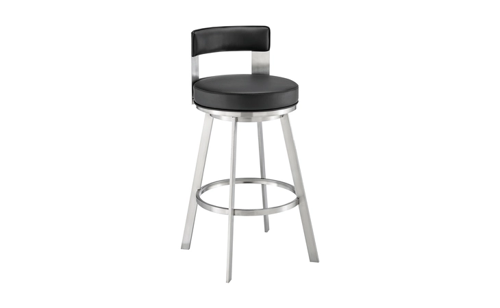 LCFLBABSBLK26  FLYNN SWIVEL COUNTER STOOL IN BRUSHED STAINLESS STEEL WITH BLACK FAUX LEATHER
