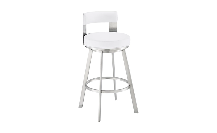 LCFLBABSWHI26  FLYNN SWIVEL COUNTER STOOL IN BRUSHED STAINLESS STEEL WITH WHITE FAUX LEATHER