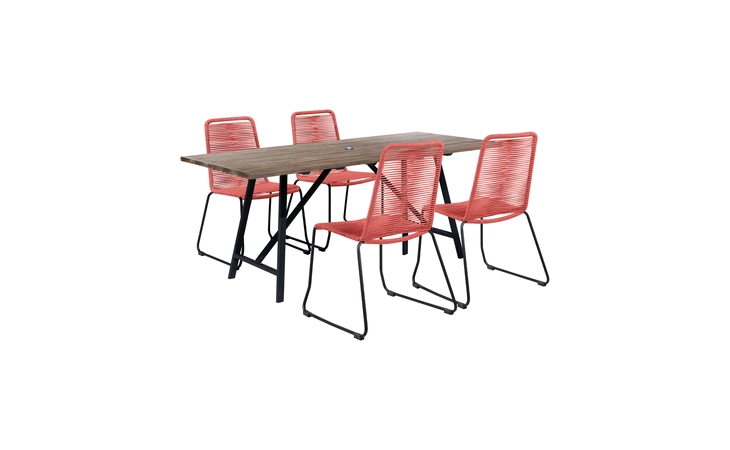 SETODSHBRKLT  FRINTON AND SHASTA 5 PIECE OUTDOOR PATIO DINING SET IN LIGHT EUCALYPTUS WOOD AND BRICK RED ROPE