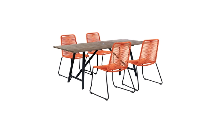 SETODSHTNGLT  FRINTON AND SHASTA 5 PIECE OUTDOOR PATIO DINING SET IN LIGHT EUCALYPTUS WOOD AND TANGERINE ROPE