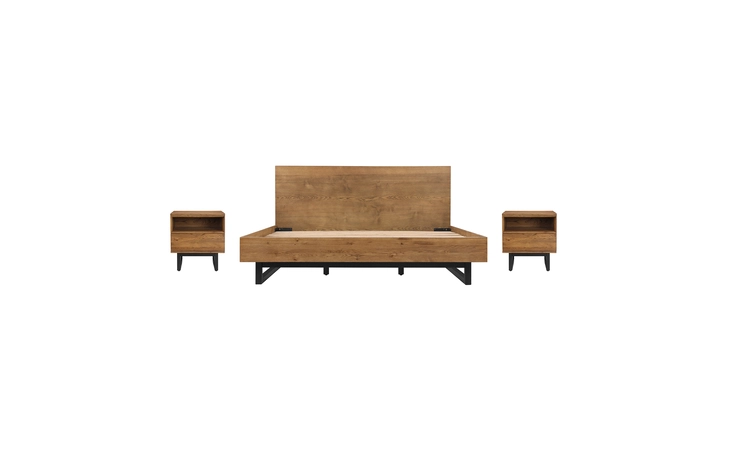 SETAOBDBRKG3A ALDO KING SIZE 3 PIECE PLATFORM BED FRAME BEDROOM SET IN BROWN OAK WOOD AND BLACK METAL ARMEN LIVING  SETAOBDBRKG3A