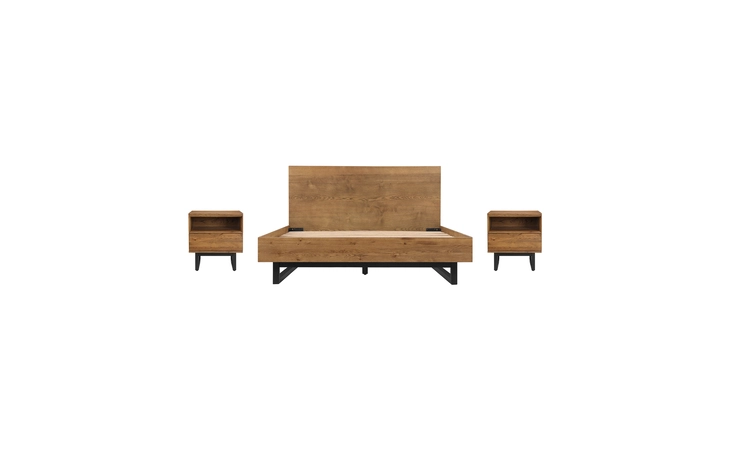 SETAOBDBRQN3A ALDO QUEEN SIZE 3 PIECE PLATFORM BED FRAME BEDROOM SET IN BROWN OAK WOOD AND BLACK METAL ARMEN LIVING  SETAOBDBRQN3A