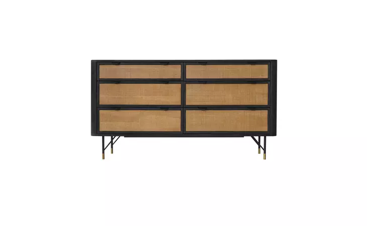 LCSRDRBL  SARATOGA 6 DRAWER DRESSER IN BLACK ACACIA WITH RATTAN