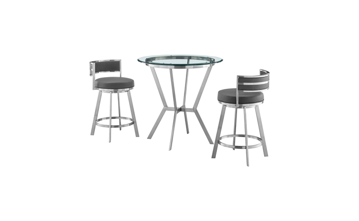 SETNMRMGRBS3  NAOMI AND ROMAN 3-PIECE COUNTER HEIGHT DINING SET IN BRUSHED STAINLESS STEEL AND GRAY FAUX LEATHER