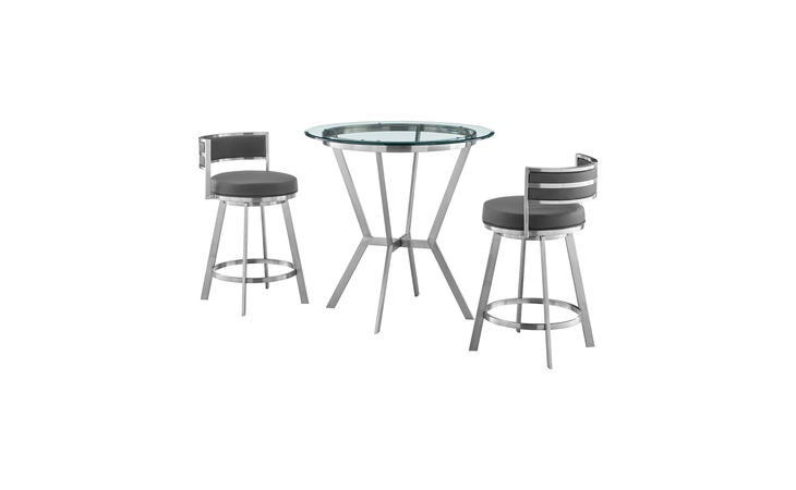 SETNMRMGRBS3 NAOMI AND ROMAN 3-PIECE COUNTER HEIGHT DINING SET IN BRUSHED STAINLESS STEEL AND GRAY FAUX LEATHER ARMEN LIVING  SETNMRMGRBS3