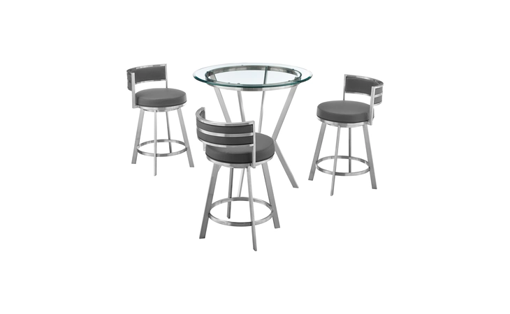 SETNMRMGRBS4 NAOMI AND ROMAN 4-PIECE COUNTER HEIGHT DINING SET IN BRUSHED STAINLESS STEEL AND GRAY FAUX LEATHER ARMEN LIVING  SETNMRMGRBS4
