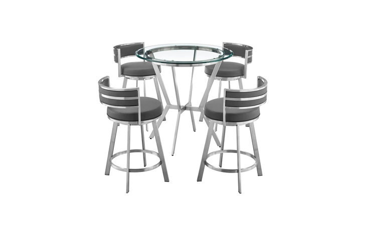 SETNMRMGRBS5  NAOMI AND ROMAN 5-PIECE COUNTER HEIGHT DINING SET IN BRUSHED STAINLESS STEEL AND GRAY FAUX LEATHER