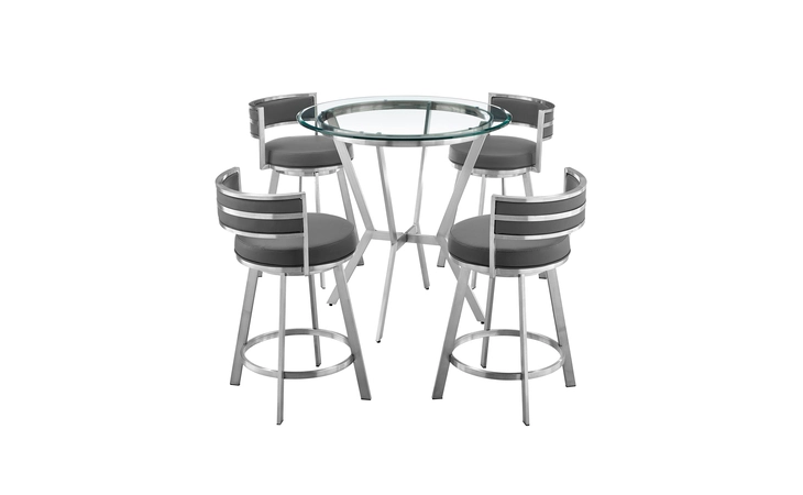 SETNMRMGRBS5 NAOMI AND ROMAN 5-PIECE COUNTER HEIGHT DINING SET IN BRUSHED STAINLESS STEEL AND GRAY FAUX LEATHER ARMEN LIVING  SETNMRMGRBS5