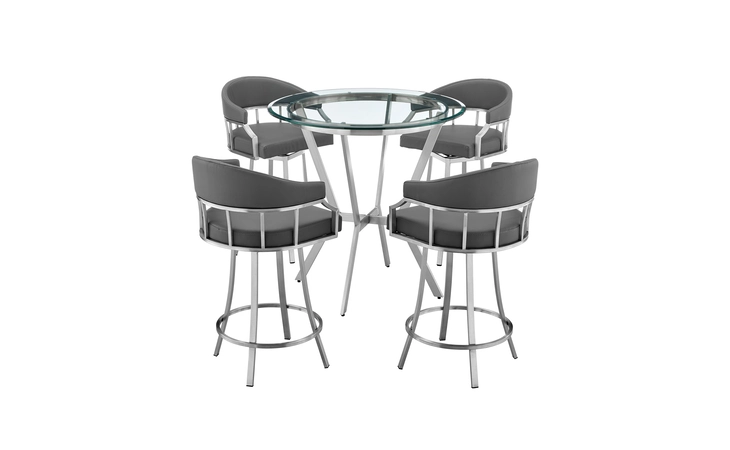SETNMVLGRBS5  NAOMI AND VALERIE 5-PIECE COUNTER HEIGHT DINING SET IN BRUSHED STAINLESS STEEL AND GRAY FAUX LEATHER