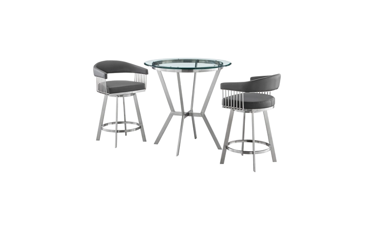 SETNMCHGRBS3  NAOMI AND CHELSEA 3-PIECE COUNTER HEIGHT DINING SET IN BRUSHED STAINLESS STEEL AND GRAY FAUX LEATHER