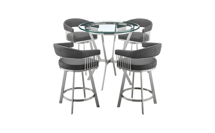 SETNMCHGRBS5  NAOMI AND CHELSEA 5-PIECE COUNTER HEIGHT DINING SET IN BRUSHED STAINLESS STEEL AND GRAY FAUX LEATHER