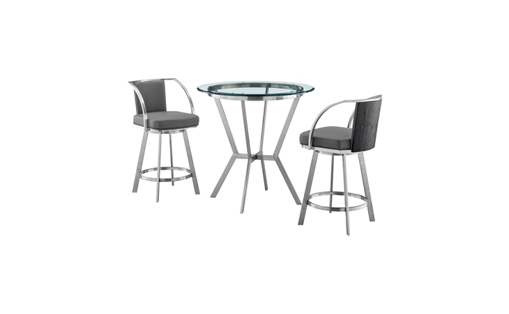 SETNMLVGRBS3  NAOMI AND LIVINGSTON 3-PIECE COUNTER HEIGHT DINING SET IN BRUSHED STAINLESS STEEL AND GRAY FAUX LEATHER
