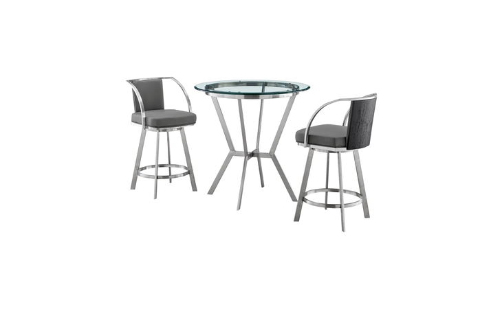 SETNMLVGRBS3 NAOMI AND LIVINGSTON 3-PIECE COUNTER HEIGHT DINING SET IN BRUSHED STAINLESS STEEL AND GRAY FAUX LEATHER ARMEN LIVING  SETNMLVGRBS3