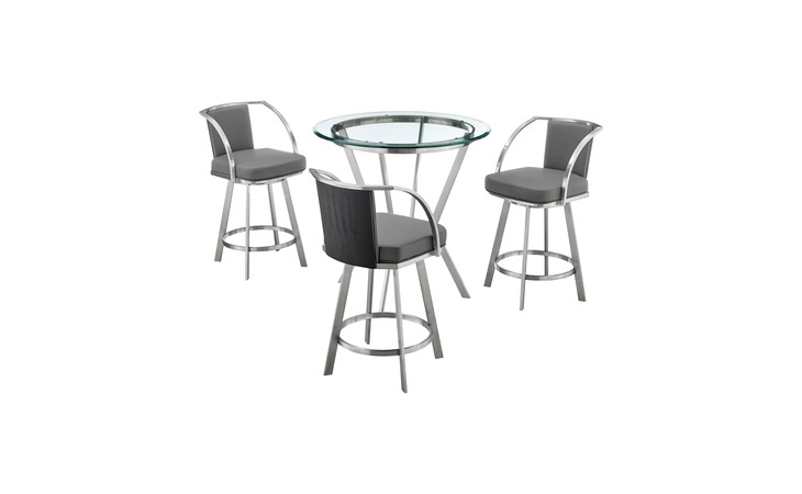 SETNMLVGRBS4  NAOMI AND LIVINGSTON 4-PIECE COUNTER HEIGHT DINING SET IN BRUSHED STAINLESS STEEL AND GRAY FAUX LEATHER