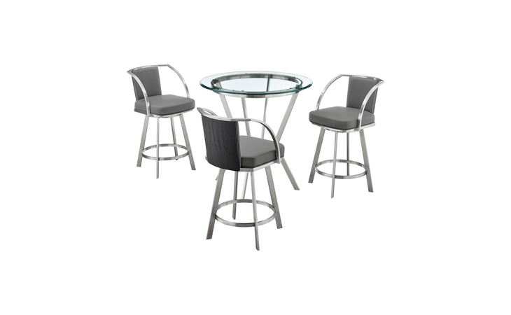 SETNMLVGRBS4 NAOMI AND LIVINGSTON 4-PIECE COUNTER HEIGHT DINING SET IN BRUSHED STAINLESS STEEL AND GRAY FAUX LEATHER ARMEN LIVING  SETNMLVGRBS4