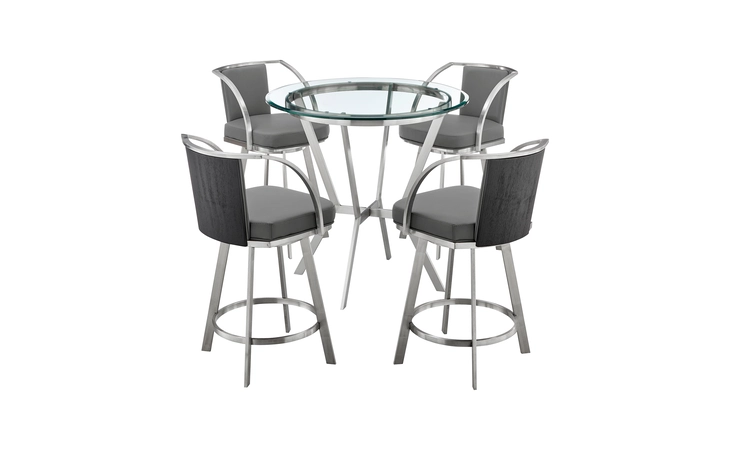 SETNMLVGRBS5  NAOMI AND LIVINGSTON 5-PIECE COUNTER HEIGHT DINING SET IN BRUSHED STAINLESS STEEL AND GRAY FAUX LEATHER