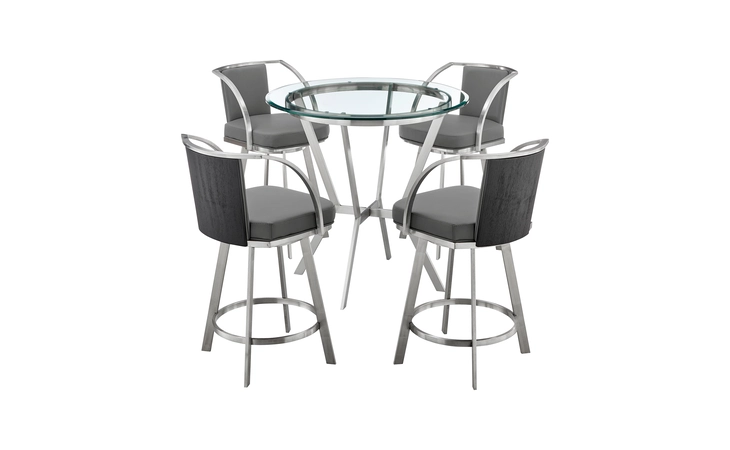 SETNMLVGRBS5 NAOMI AND LIVINGSTON 5-PIECE COUNTER HEIGHT DINING SET IN BRUSHED STAINLESS STEEL AND GRAY FAUX LEATHER ARMEN LIVING  SETNMLVGRBS5
