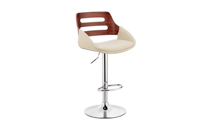 LCKTBAWACR KARTER ADJUSTABLE CREAM FAUX LEATHER AND WALNUT WOOD BAR STOOL WITH CHROME BASE ARMEN LIVING  LCKTBAWACR
