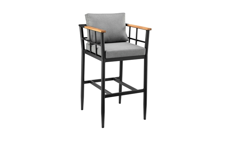 LCOOBLGR30 ORLANDO OUTDOOR PATIO BAR STOOL IN ALUMINUM AND TEAK WITH GRAY CUSHIONS ARMEN LIVING  LCOOBLGR30