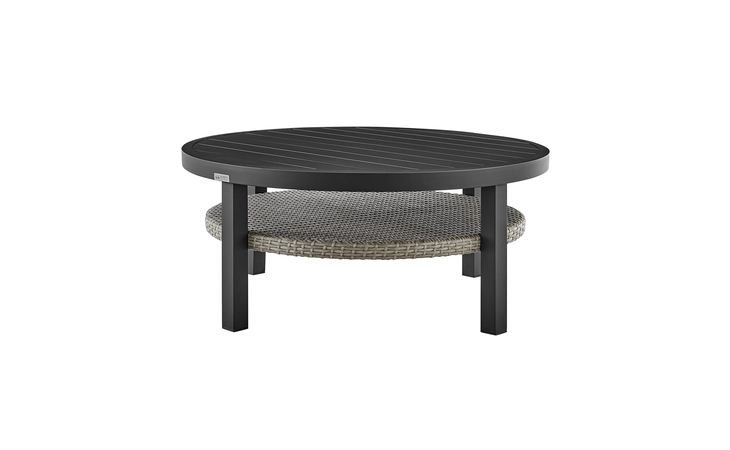 LCODPACOBLKDGRY  PALMA OUTDOOR PATIO ROUND COFFEE TABLE IN BLACK ALUMINUM WITH GRAY WICKER SHELF