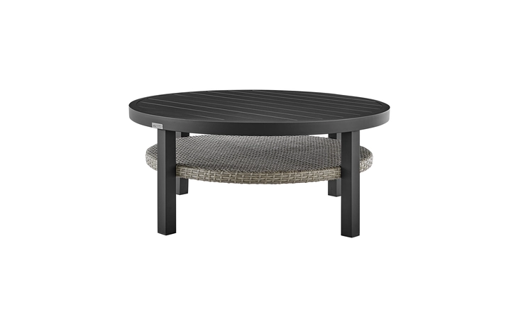 LCODPACOBLKDGRY PALMA OUTDOOR PATIO ROUND COFFEE TABLE IN BLACK ALUMINUM WITH GRAY WICKER SHELF ARMEN LIVING  LCODPACOBLKDGRY