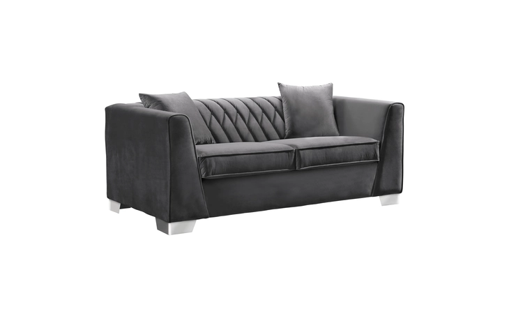 LCCM2GR CAMBRIDGE CONTEMPORARY LOVESEAT IN BRUSHED STAINLESS STEEL AND DARK GRAY VELVET ARMEN LIVING  LCCM2GR