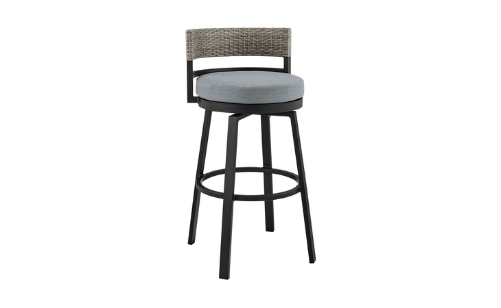 LCECBAGR26  ENCINITAS OUTDOOR PATIO COUNTER HEIGHT SWIVEL BAR STOOL IN ALUMINUM AND WICKER WITH GRAY CUSHIONS