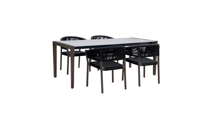 SETFLDIDK5DOBL FINELINE AND DORIS INDOOR OUTDOOR 5 PIECE DINING SET IN DARK EUCALYPTUS WOOD WITH SUPERSTONE AND BLACK ROPE ARMEN LIVING  SETFLDIDK5DOBL