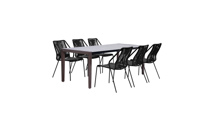 SETFLDIDK7CPBL FINELINE AND CLIP INDOOR OUTDOOR 7 PIECE DINING SET IN DARK EUCALYPTUS WOOD WITH SUPERSTONE AND BLACK ROPE ARMEN LIVING  SETFLDIDK7CPBL