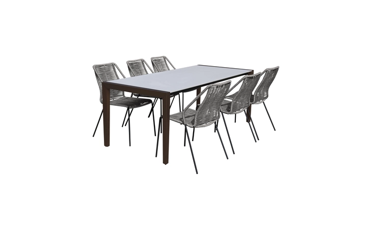 SETFLDIDK7CPGR FINELINE AND CLIP INDOOR OUTDOOR 7 PIECE DINING SET IN DARK EUCALYPTUS WOOD WITH SUPERSTONE AND GRAY ROPE ARMEN LIVING  SETFLDIDK7CPGR