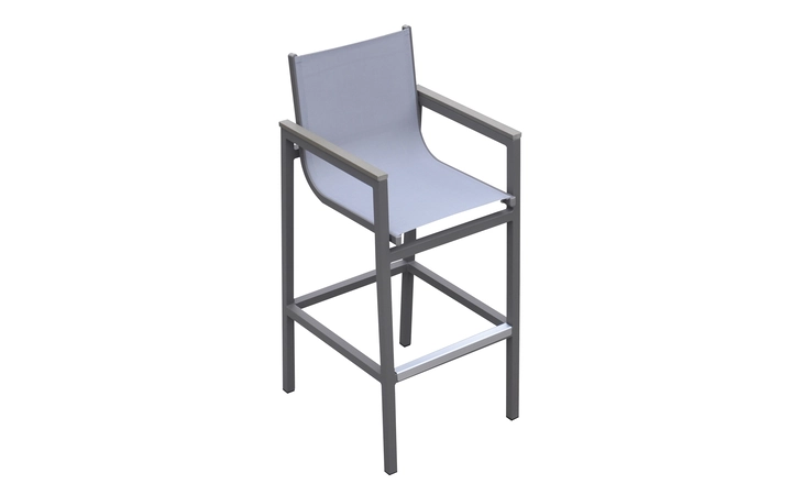 LCMABAGR  MARINA OUTDOOR PATIO BARSTOOL IN GRAY POWDER COATED FINISH WITH GRAY SLING TEXTILENE AND GRAY WOOD ACCENT ARMS