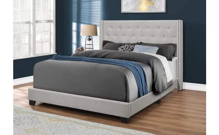 I5985Q BED - QUEEN SIZE / LIGHT GREY VELVET WITH CHROME TRIM MONARCH SPECIALTIES  I5985Q