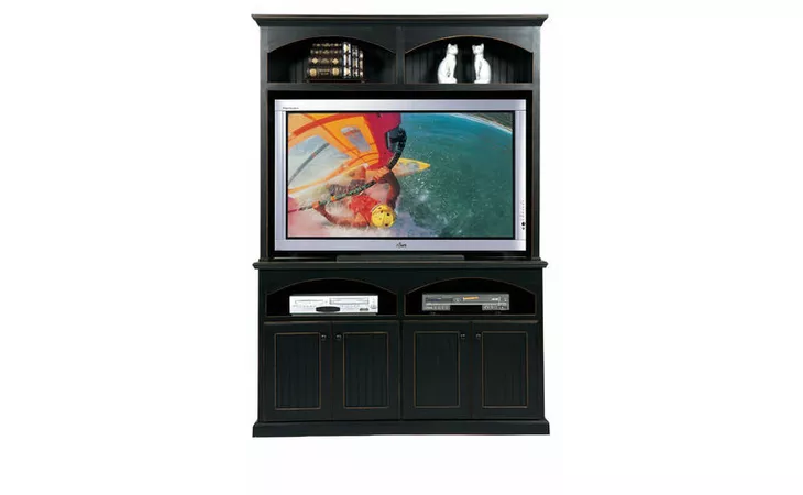 16355  57 ENTERTAINMENT CONSOLE, 4 BEAD BOARD DOORS, 2 FIXED WOOD HALF SHELVES, DECORATIVE MOLDING, BUN FOOT BASE*GLASS*NG*FINSISH*BK, CC, CO, CM, CR, EC, GO, HG, IV, SW, UN, WH