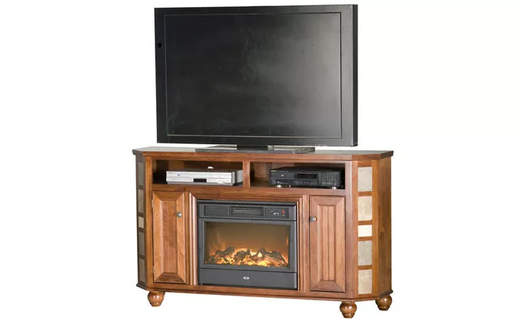  64 ENTERTAINMENT CONSOLE WITH FIREPLACE, OPEN STORAGE ABOVE FIREPLACE, 2 BEAD BOARD DOORS, TILED SIDES, BUN FOOT BASE*GLASS*NG*FINSISH*BK, CC, CO, CM, CR, EC, GO, HG, IV, SW, UN, WH EAGLE  52152