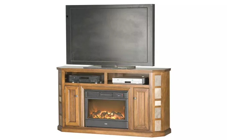  64 ENTERTAINMENT CONSOLE WITH FIREPLACE, OPEN STORAGE ABOVE FIREPLACE, TILED SIDES, 2 BEAD BOARD DOORS, PLAIN BASE*GLASS*NG*FINSISH*BK, CC, CO, CM, CR, EC, GO, HG, IV, SW, UN, WH EAGLE  52554