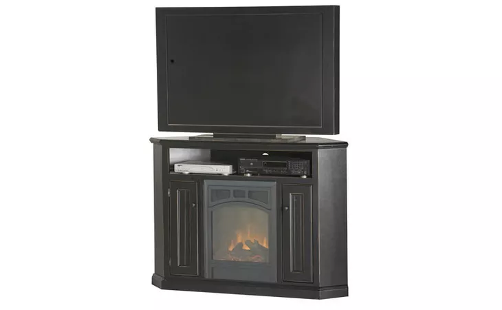  50 CORNER ENTERTAINMENT CONSOLE WITH FIREPLACE, (CORNER OUT 35 1 2), OPEN STORAGE ABOVE FIREPLACE, 2 BEAD BOARD DOORS, 2 FIXED WOOD SHELVES, PLAIN BASE*GLASS*NG*FINSISH*BK, CC, CO, CM, CR, EC, GO, HG, IV, SW, UN, WH EAGLE  52740