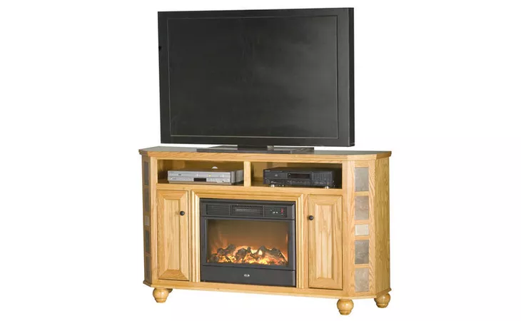  64 ENTERTAINMENT CONSOLE WITH FIREPLACE, OPEN STORAGE ABOVE FIREPLACE, 2 BEAD BOARD DOORS, TILED SIDES, BUN FOOT BASE*GLASS*NG*FINSISH*CC, DK, LT, MD, SO, UN, CR, CM EAGLE  53152