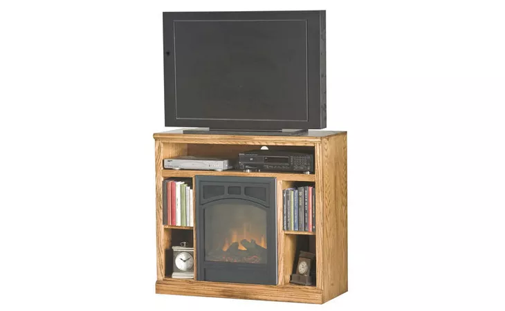  39 ENTERTAINMENT CONSOLE WITH FIREPLACE, BOOKCASE SIDES, 2 FIXED SHELVES, OPEN STORAGE ABOVE FIREPLACE, PLAIN BASE*GLASS*NG*FINSISH*CC, DK, LT, MD, SO, UN, CR, CM EAGLE  53539