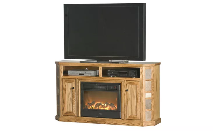  64 ENTERTAINMENT CONSOLE WITH FIREPLACE, OPEN STORAGE ABOVE FIREPLACE, TILED SIDES, 2 BEAD BOARD DOORS, PLAIN BASE*GLASS*NG*FINSISH*CC, DK, LT, MD, SO, UN, CR, CM EAGLE  53554