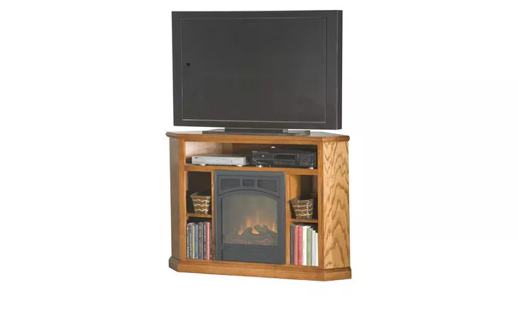 50 CORNER ENTERTAINMENT CONSOLE WITH FIREPLACE, (CORNER OUT 35 1 2), OPEN STORAGE ABOVE FIREPLACE, 2 FIXED SHELVES FOR SIDE STORAGE, PLAIN BASE*GLASS*NG*FINSISH*CC, DK, LT, MD, SO, UN, CR, CM EAGLE  53739