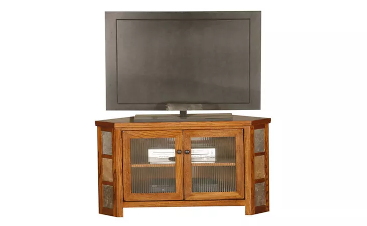  45 CORNER ENTERTAINMENT CONSOLE, (CORNER OUT 32), 2 GLASS DOORS, 1 FIXED WOOD SHELF, TILE ACCENTS, PLAIN BASE*GLASS*PL, SD*FINSISH*CC, DK, LT, MD, SO, UN, CR, CM EAGLE  63742