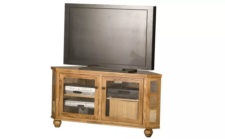  45 CORNER ENTERTAINMENT CONSOLE, (CORNER OUT 32), 2 GLASS DOORS, 1 FIXED WOOD SHELF, TILE ACCENTS, BUN FOOT BASE*GLASS*PL, SD*FINSISH*CC, DK, LT, MD, SO, UN, CR, CM EAGLE  63743